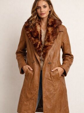 Arden B Leather Trench Coat Small Fur Collar Cognac Brown Vintage Boho 70s